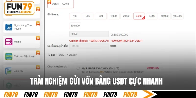 Trải nghiệm gửi vốn bằng USDT cực nhanh